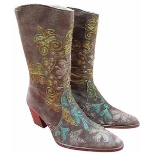 Artemis Boots Floral Embroidered brown Velveteen Cowboy Back Zip Euro 38/US 8
